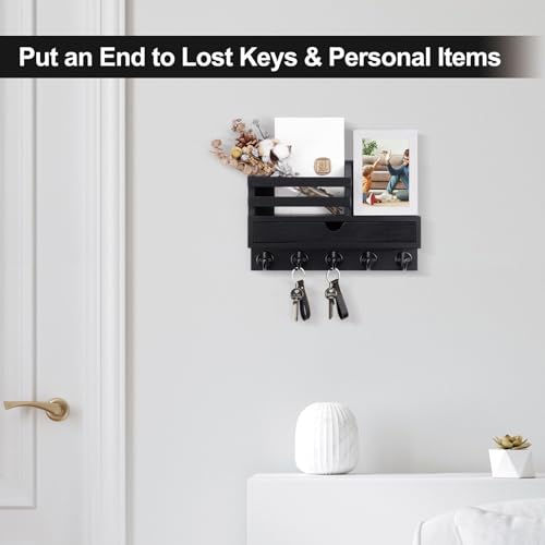 Key Holder Wall Mount, Mail Holder with Storage Drawer and 5 Key Hooks for Coat, Dog Leash, Home Decor Rack, House Accessories, Entry Way Organizer