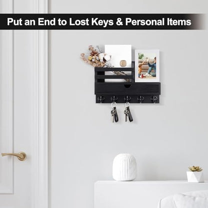 Key Holder Wall Mount, Mail Holder with Storage Drawer and 5 Key Hooks for Coat, Dog Leash, Home Decor Rack, House Accessories, Entry Way Organizer