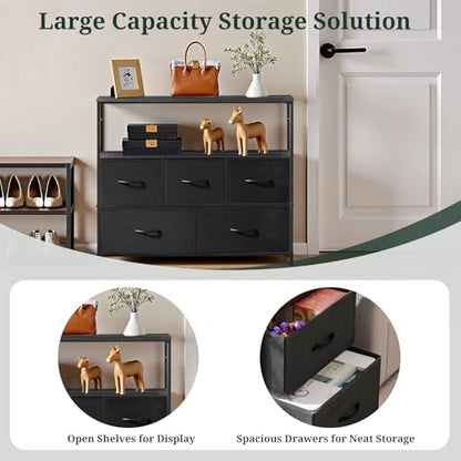 TV Stand dresser, 5 Drawers, Entertainment Center for TV up to 45 inch | Open Shelf, Storage Drawers, Media Console Table for Living Room, Bedroom, Small Space, Black