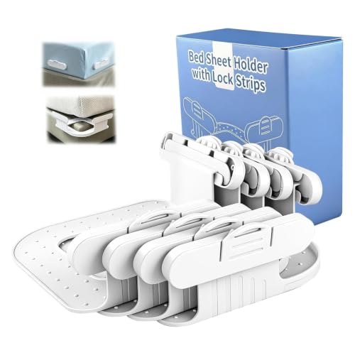 Bed Sheet Holders for Corners, 4 Pack Fitted Sheet Grippers with 8 Locks | 4 Holders + 8 Fasteners, Non-Slip Sheet Clips, Snap Lock Design,Easy Install, Universal For Home Hotel Kid Bed