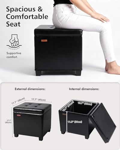 ABHENG Synthetic Leather Cover Steel Frame Ottoman with 48L Storage,17.7" x 17.7" x 17.7" Square Storage Ottoman Stool Cube with Legs,for Dorm Livingroom Black UASND63B