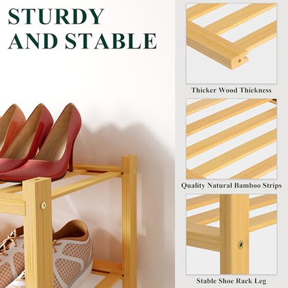 Smiry Bamboo Shoe Rack for Closet, 3 Tier - 26.77" Wide, Natural | Stackable Wooden Shoe Organizer, Wood Shoe Storage Shelf for Entryway, 14 Vertical Slats, Reinforced Legs