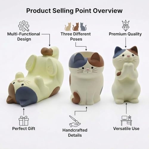 3 PS Cat Shaped Phone Holder and Eyeglass Frame with Pen Holder, Animal Resin Gift for cat Enthusiasts, Home and Office Fashion Accessories-White