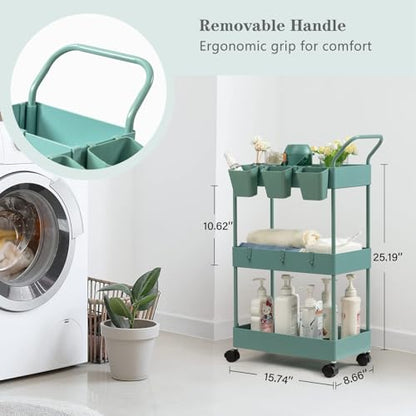 Storage Cart on Wheels, 3 Tier Bathroom Cart Organizer Slim Laundry Narrow Shelf with Wheels Dividers Hanging Cups Hooks Handle Easy Assembly, Green