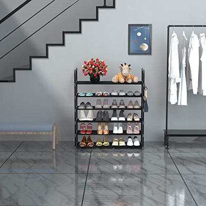 Hsscblet 6 Tiers Metal Shoe Rack,Adjustable Shoe Shelf Storage Organizer with Hooks,Stackable Boot & Shoe Storage,for Entryway,Hallway,Closet,Black
