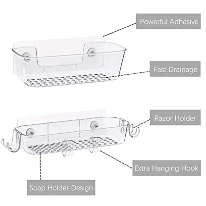 TZAMLI Clear Shower Caddy, Adhesive Shower Organizer Rustproof Shower Shelf with Razor Holder and Hook, Shower Rack for Bathroom Storage, 3 Pack