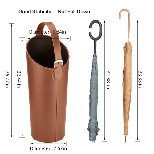 Brown Artificial Leather Tall Umbrella Holer Entryway Indoor for Business Office,22.4 Inch Umbrella Stand Entryway with Removable Water Tray 2 Hooks