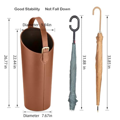 Brown Artificial Leather Tall Umbrella Holer Entryway Indoor for Business Office,22.4 Inch Umbrella Stand Entryway with Removable Water Tray 2 Hooks