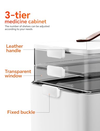 Medicine Organizer Box, 3-Tier | 3-tier medicine storage organizer with smoke-clear trays, side latches and a leather-style carry handle for home storage.