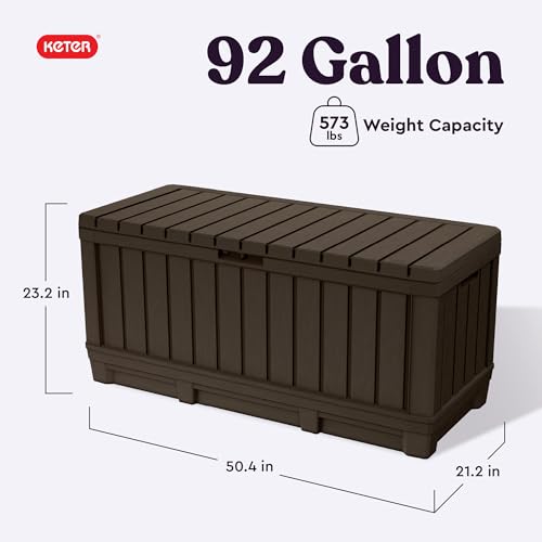 Keter Kentwood 92 Gal Outdoor Storage Box for Patio and Pool Accessories | Brown, Resin, Large, Weatherproof, Lockable, Durable, Easy Assembly, Organization, Patio Cushions Storage