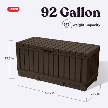 Keter Kentwood 92 Gal Outdoor Storage Box for Patio and Pool Accessories | Brown, Resin, Large, Weatherproof, Lockable, Durable, Easy Assembly, Organization, Patio Cushions Storage