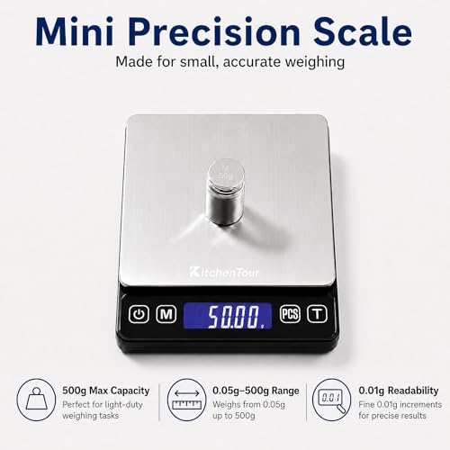 KitchenTour Mini Gram Scale for Coffee, Jewelry and Small Items, 500g x 0.01g Digital Pocket Scale with Tare, 6 Units, Back-Lit LCD, 2 Trays, Black