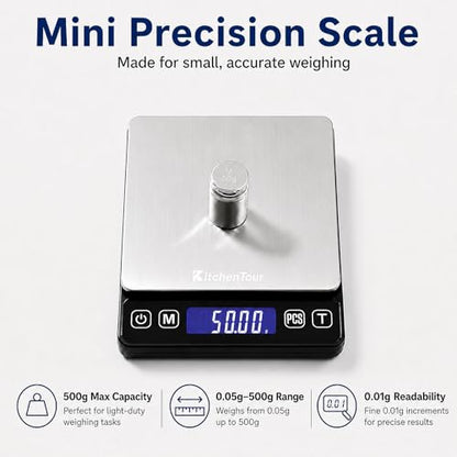 KitchenTour Mini Gram Scale for Coffee, Jewelry and Small Items, 500g x 0.01g Digital Pocket Scale with Tare, 6 Units, Back-Lit LCD, 2 Trays, Black