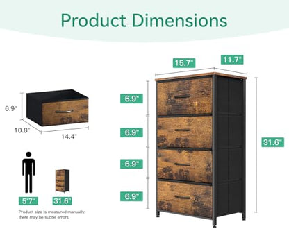 AODK Small Dresser for Bedroom with 4 Storage Drawers, Vintage | Dressers Chest of Drawers Fabric Dresser with Sturdy Steel Frame, Dressers for Closet with Wood Top