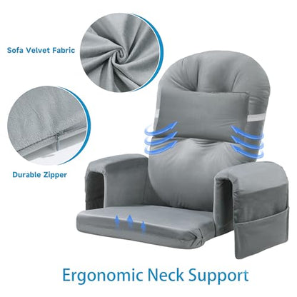 6 PCS Glider Rocker Replacement Cushions with Storage Side Pocket,Foam & Microfiber Filling, Non-Slip & Washable,Thickened & Supportive Velvet Rocking Chair Cushion Set(Gray)