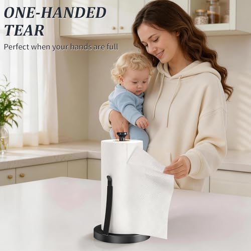 Countertop Paper Towel Holder for Kitchen, Black Tension Arm | One-Handed Tear, Stainless Steel Paper Towel Holder Stand for Bathroom Laundry Room Workshop
