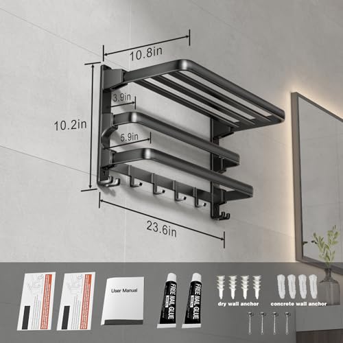 24-Inch Towel Rack,Bathroom Towel Shelf with 2 Towel Bar Foldable Towel Holder with 7 Hooks Towel Storage Organizer for Bathroom & Lavatory Wall Mounted (Matte Black)