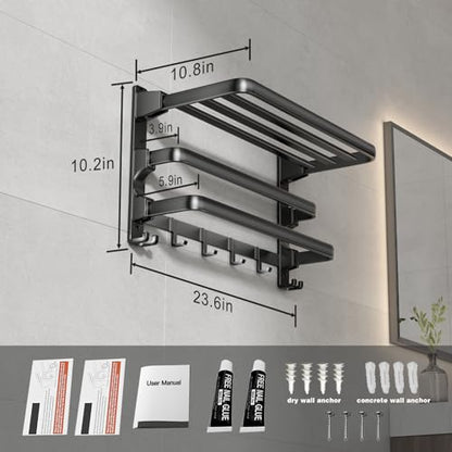 24-Inch Towel Rack,Bathroom Towel Shelf with 2 Towel Bar Foldable Towel Holder with 7 Hooks Towel Storage Organizer for Bathroom & Lavatory Wall Mounted (Matte Black)