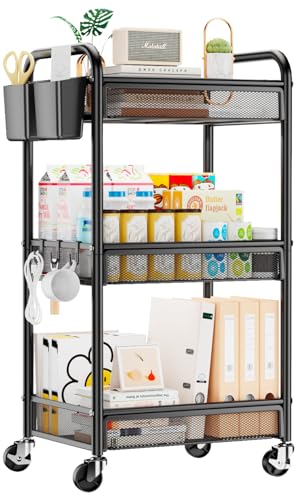 3 Tier Metal Rolling Cart, Black Utility Storage Cart with Wheels | Metal Mesh Craft Cart With Hooks & Hanging Cups, Ideal For Kitchen, Bathroom, Office, Dorm, Art Workspace, Bedside Storage
