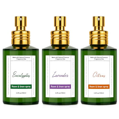 Room Spray Odor Eliminator 3 Pack, Natural Essential Oil Air Freshener Spray for Home Bathroom and Kitchen, Lavender, Citrus, Eucalyptus