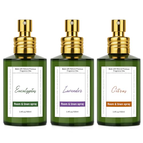 Room Spray Odor Eliminator 3 Pack, Natural Essential Oil Air Freshener Spray for Home Bathroom and Kitchen, Lavender, Citrus, Eucalyptus