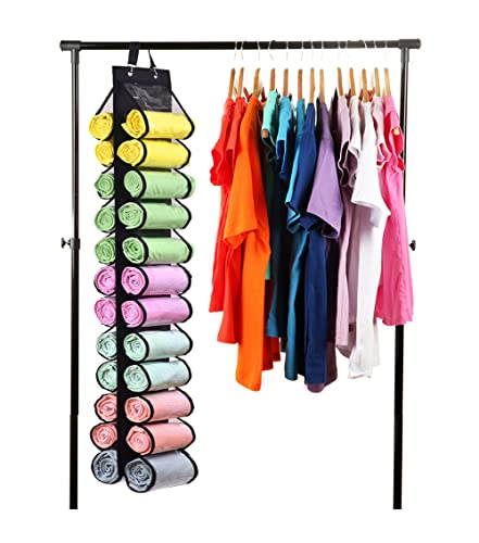 Legging Storage Bag Storage Hanger Can Holds 24 Leggings or Shirts Jeans Compartment Storage Hanger, Foldable Leggings Organizer Clothes Portable Closets Roll Holder (Black)