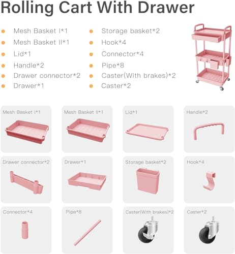 Sorgion 3 Tier Rolling Cart Organizer,Laundry Room Bathroom Organizers and Storage Office Shelves Mobile Shelving Unit Kitchen Trolley Cart with Wheels for Art,Craft,Diaper,Bedside,Snack(Pink)