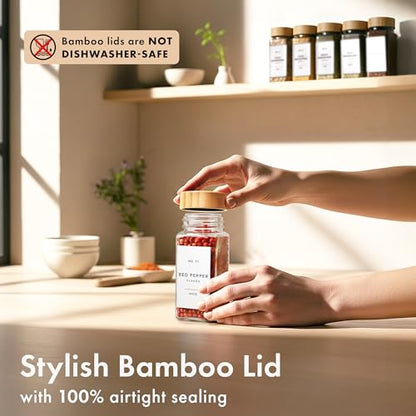 Glass Spice Jars with Label, 24x Bamboo Wooden Lids - White Labels