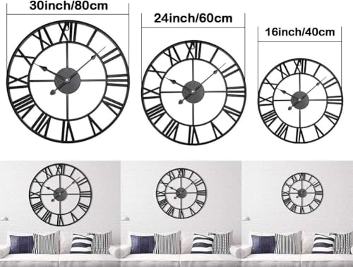 Antique Tower 24 inch Large Roman Numeral Wall Clock, Indoor Outdoor Patio Waterproof Oversized Decorative Contemporary Clock, Antique Black Metal Wall Clock Battery Operated Retro Art Hanging Clock,2