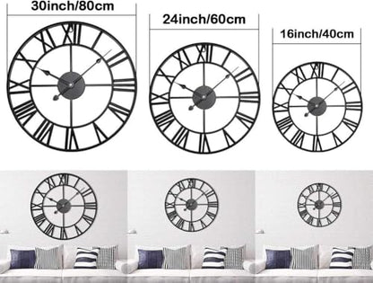 Antique Tower 24 inch Large Roman Numeral Wall Clock, Indoor Outdoor Patio Waterproof Oversized Decorative Contemporary Clock, Antique Black Metal Wall Clock Battery Operated Retro Art Hanging Clock,2