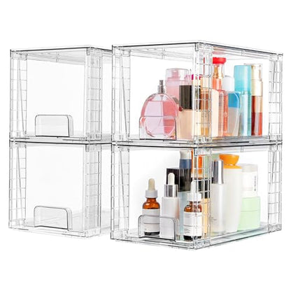 Vtopmart 4 Pack Large Stackable Storage Drawers, Clear | Easily Assemble Bathroom Closet Undersink Organizers and Storage Kitchen Cabinets,Pantry,Makeup,Medicine Organization