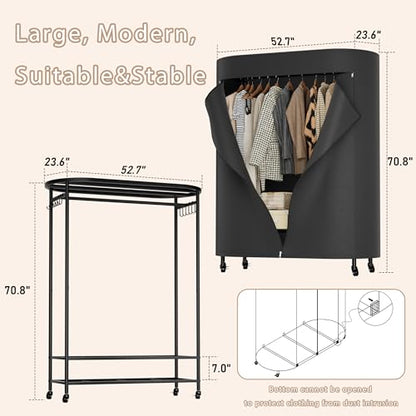BACEKOLL Clothes Rack with Cover Heavy Duty Rolling Portable Closet 380LBS | Clothing Rack with Dust Cover, 360° Smooth Wheels, 12 Hooks, Steel Frame, Space-Saving Design, 380LBS Garment Rack, Black