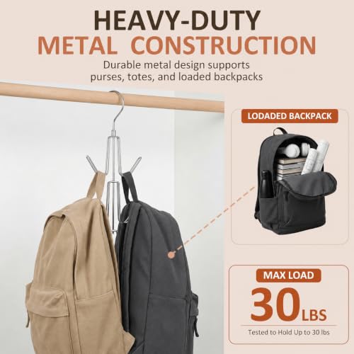 4 Pack Purse Hanger, Purse Organizer for Closet, Holds 24 Bags | Metal Hanging 24 Hooks Handbag Holder for Bag Storage, 360° Rotating Design Keeps Purses Visible and Easy to Access, Silver