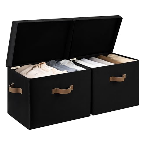 StorageWorks Fabric Storage Bins with Lids, Large Closet Storage Bins | Flip-Top Lid, 3 Handles, Collapsible, Stackable, for Clothes Blankets, Multi-Purpose, Jumbo, Black, 2-Pack