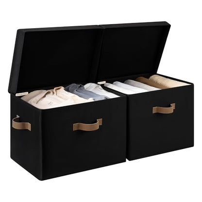 StorageWorks Fabric Storage Bins with Lids, Large Closet Storage Bins | Flip-Top Lid, 3 Handles, Collapsible, Stackable, for Clothes Blankets, Multi-Purpose, Jumbo, Black, 2-Pack