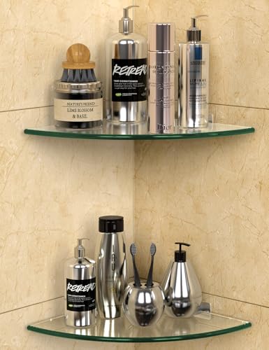 Glass Corner Shower Shelf 2 Pack, 9.5" Tempered Glass Shower Caddy, No-Drill Adhesive or Screw Mount, 22 LB Heavy Duty Bathroom Organizer with Rustproof Aluminum Brackets, Renter Friendly