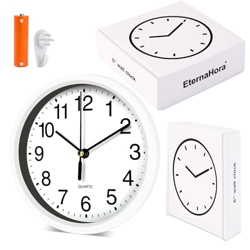 Silent Wall Clock Non Ticking, 6 Inch Wall Clocks Battery Operated, Small Analog Clock for Bedroom Home Office Kitchen Bathroom School, Easy to Read(White)