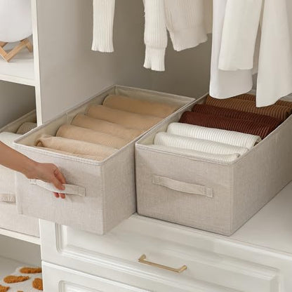 Linen Folding Storage Bins, 3 Pack Large Storage Baskets, Washable, Clothing Storage Bins with Handle, Closet Organizer for Storage Sweater,Sheets(Beige, 18½"x11 x8½)