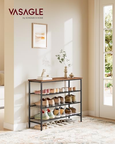 VASAGLE Shoe Rack, Shoe Storage Rack for Closet, Entryway, Living Room, Free Standing Metal Organizer Shelf, 4 Tiers, 11.8 x 29.5 x 27.2 Inches, for 12–16 Pairs, Rustic Brown and Ink Black ULBS049KD01