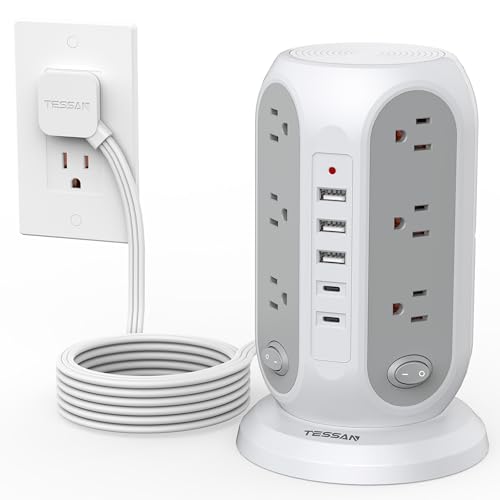 TESSAN Tower Power Strip Surge Protector, Flat Extension Cord 10 Ft, Grey | Individual Switches with 12 Outlets, 5 USB Ports(2 USB C), Flat Plug, Charging Station for Multiple Devices, Office, Dorm