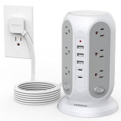 TESSAN Tower Power Strip Surge Protector, Flat Extension Cord 10 Ft, Grey | Individual Switches with 12 Outlets, 5 USB Ports(2 USB C), Flat Plug, Charging Station for Multiple Devices, Office, Dorm