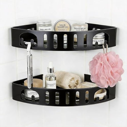 Adhesive Corner Shower Caddy with Hooks,No Drill Aluminum Shower Shelf 2PCS | Rustproof aluminum corner shower shelf with hooks,providing organized storage for shampoo,soap,razors and bathroom essentials