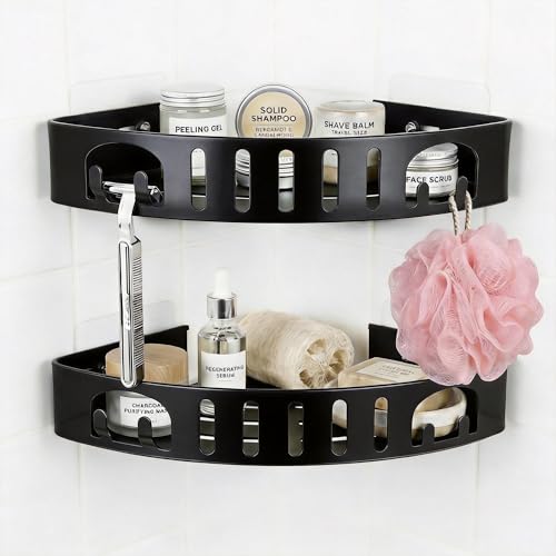 Adhesive Corner Shower Caddy with Hooks,No Drill Aluminum Shower Shelf 2PCS | Rustproof aluminum corner shower shelf with hooks,providing organized storage for shampoo,soap,razors and bathroom essentials