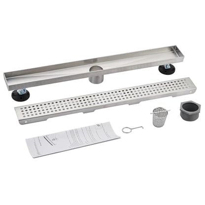 Linear Shower Floor Drain, Brushed Nickel 24 Inch 304 Stainless Steel Bathroom Drains Kit, Long Rectangular Shower Trench Drain with Square Pattern Drain Cover & Hair Catcher