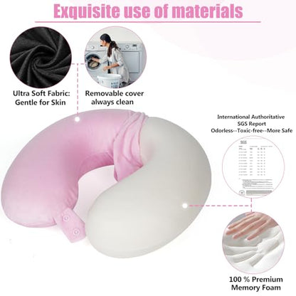 SAIREIDER Travel Neck Pillow 100% Memory Foam, Airplane Rest Prevents Head from Falling Forward, Plane Accessories with Storage Bag, Sleep Mask and Earplugs (Pink)