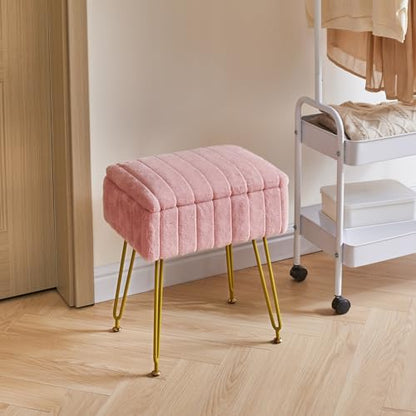 IBUYKE Vanity Stool Chair with Storage, Faux Fur Ottoman, Pink LG-50P | Footrest Footstool Small Side Table 4 Metal Legs Anti-Slip Feet Makeup Room Bedroom