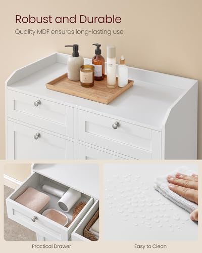 VASAGLE Laundry Cabinet with Tilt-Out Basket, Freestanding Storage Unit with Drawer and Laundry Hamper, for Bathroom, Living Room, 15.8 x 31.1 x 31.5 Inches, Cloud White UBBC751W01