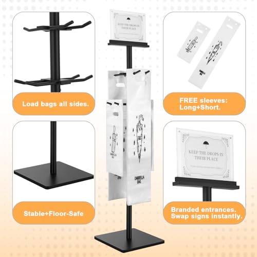 Wet Umbrella Stand with 400 Free Plastic Umbrella Bags disposable for Entry | 4-Side Hanging Umbrella Holder | Magnetic Signs | Dual-Size Umbrella Bag