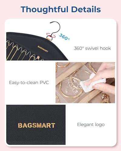 BAGSMART Hanging Jewelry Organizer with Hanger Metal Hooks Double-Sided Jewelry Holder for Organizing Earrings Necklaces Rings Perfect for in Hanging Closet, Wall, Door, 1 Piece, Large, Black
