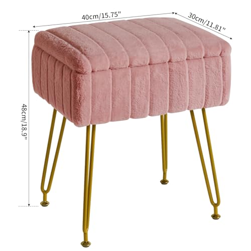 IBUYKE Vanity Stool Chair with Storage, Faux Fur Ottoman, Pink LG-50P | Footrest Footstool Small Side Table 4 Metal Legs Anti-Slip Feet Makeup Room Bedroom